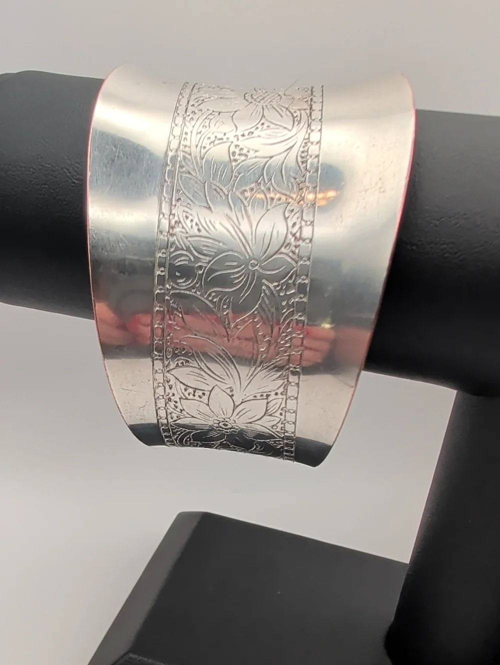 Engraved Floral Silver Cuff Bracelet